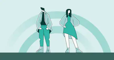 Graphique représentant deux personnes avec un élément d'arc graphique en arrière-plan