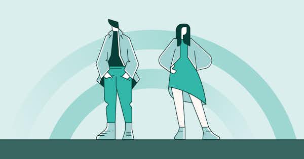 Graphic showing two people with graphic arch element in background