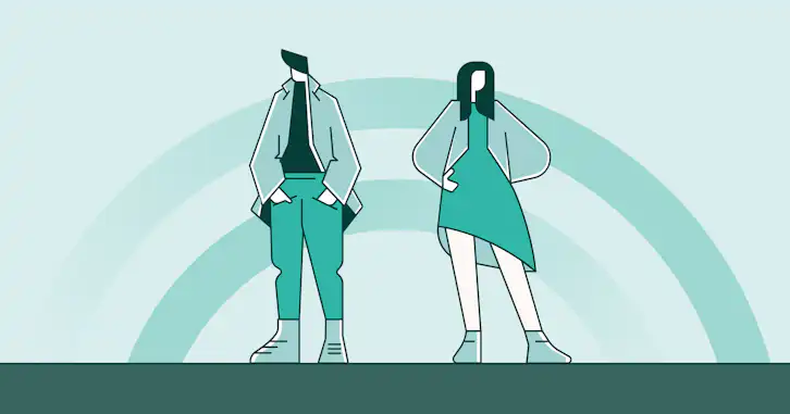 Graphic showing two people with graphic arch element in background