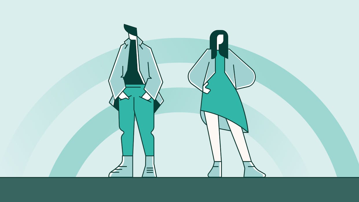 Graphic showing two people with graphic arch element in background