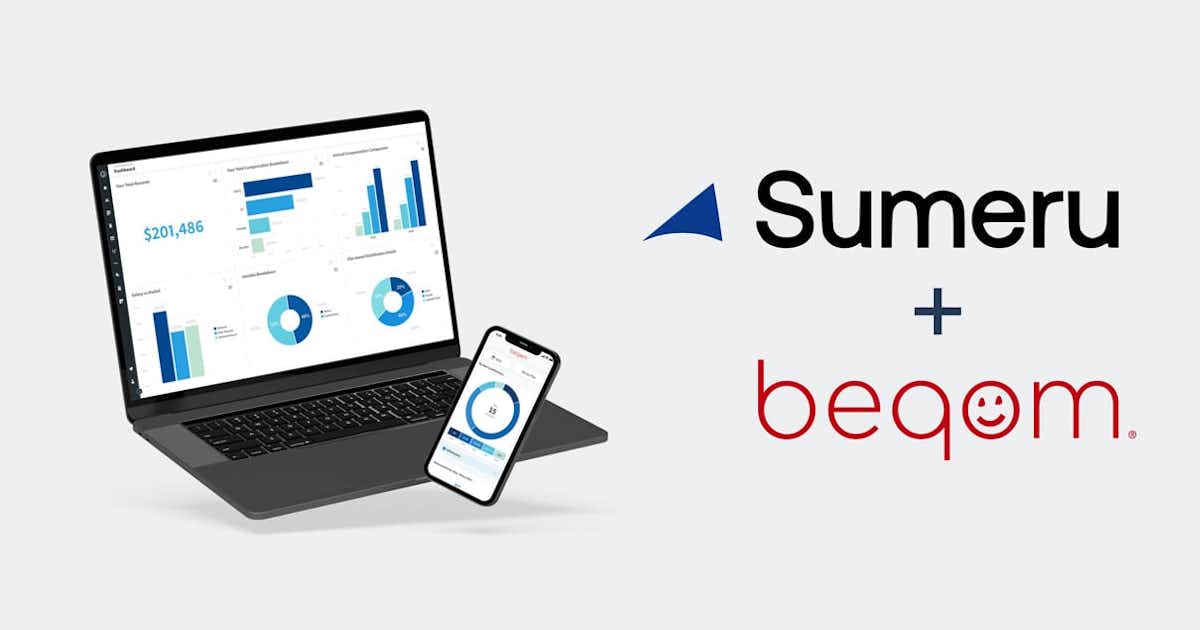 Bild von Laptop und Handy zusammen mit logos von beqom und Sumeru.