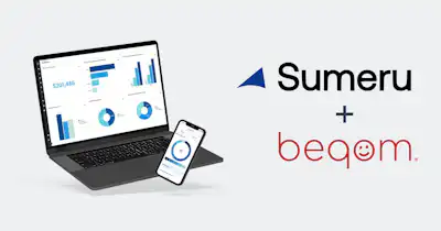 Bild von Laptop und Handy zusammen mit logos von beqom und Sumeru.