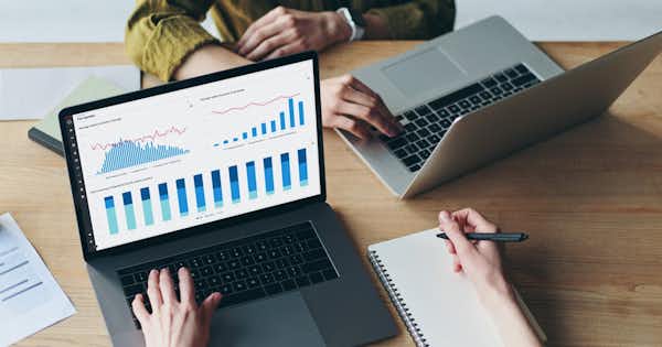 Some looking at a laptop screen with charts and graphs