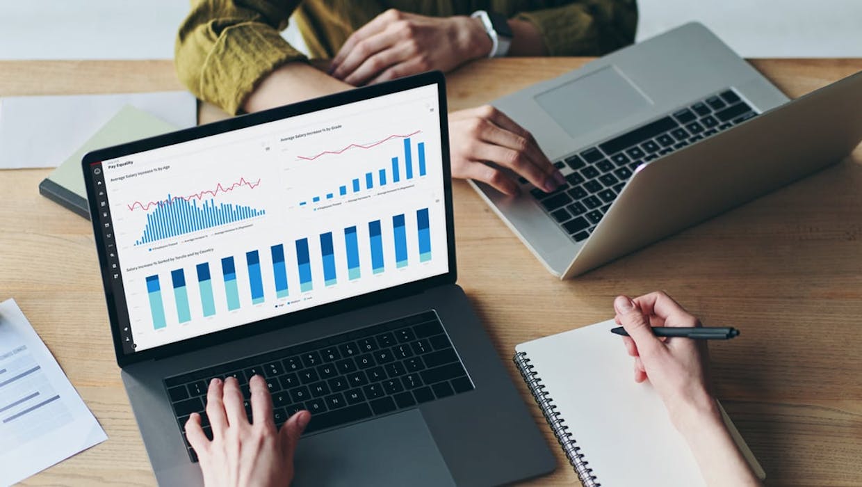 Some looking at a laptop screen with charts and graphs