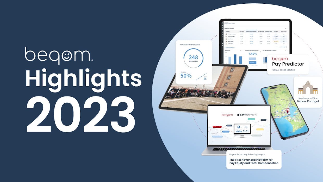 Graphique avec le logo beqom et des écrans d'appareils multiples.