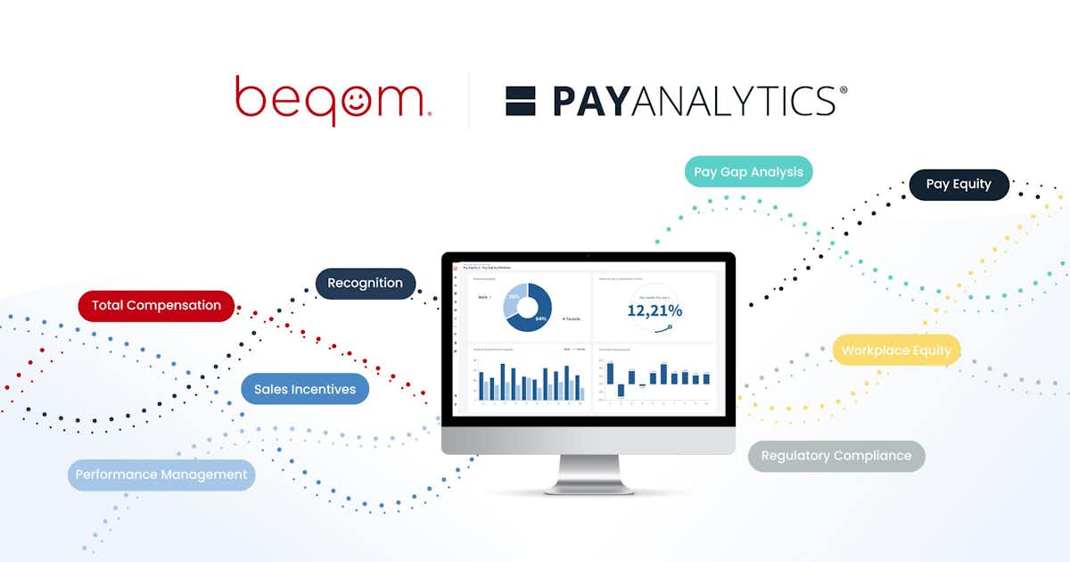 Logos beqom et PayAnalytics, écran d'ordinateur, mots liés à l'équité salariale