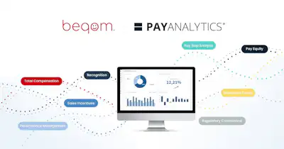 Logos beqom et PayAnalytics, écran d'ordinateur, mots liés à l'équité salariale