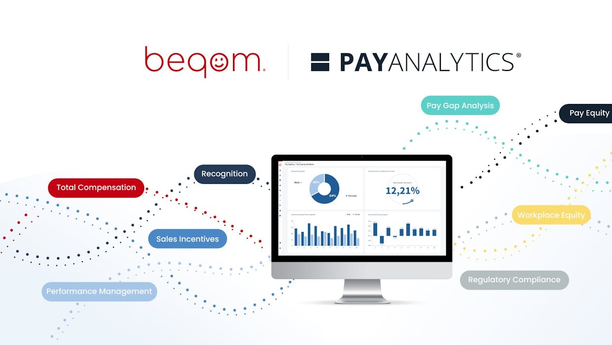 Logos beqom et PayAnalytics, écran d'ordinateur, mots liés à l'équité salariale