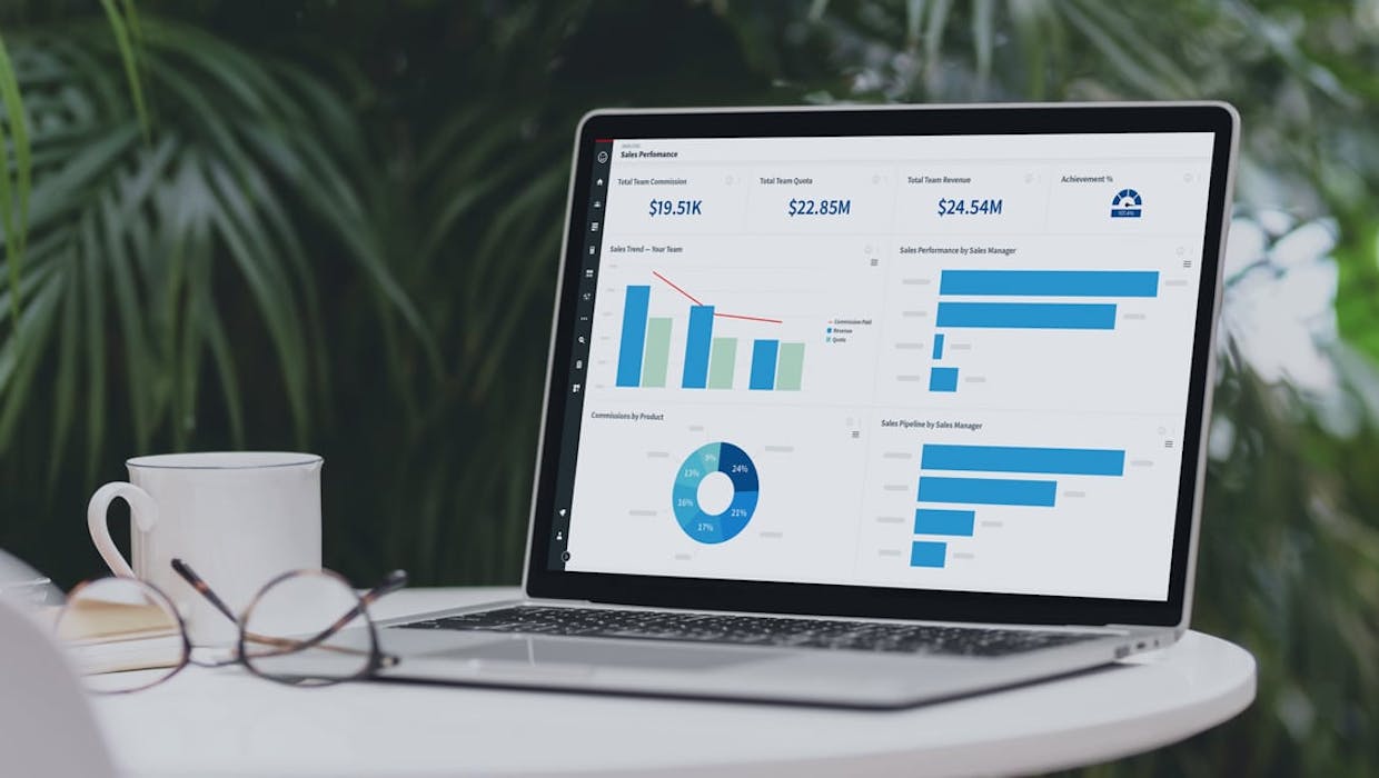 Computer screen showing a dashboard of sales performance stats