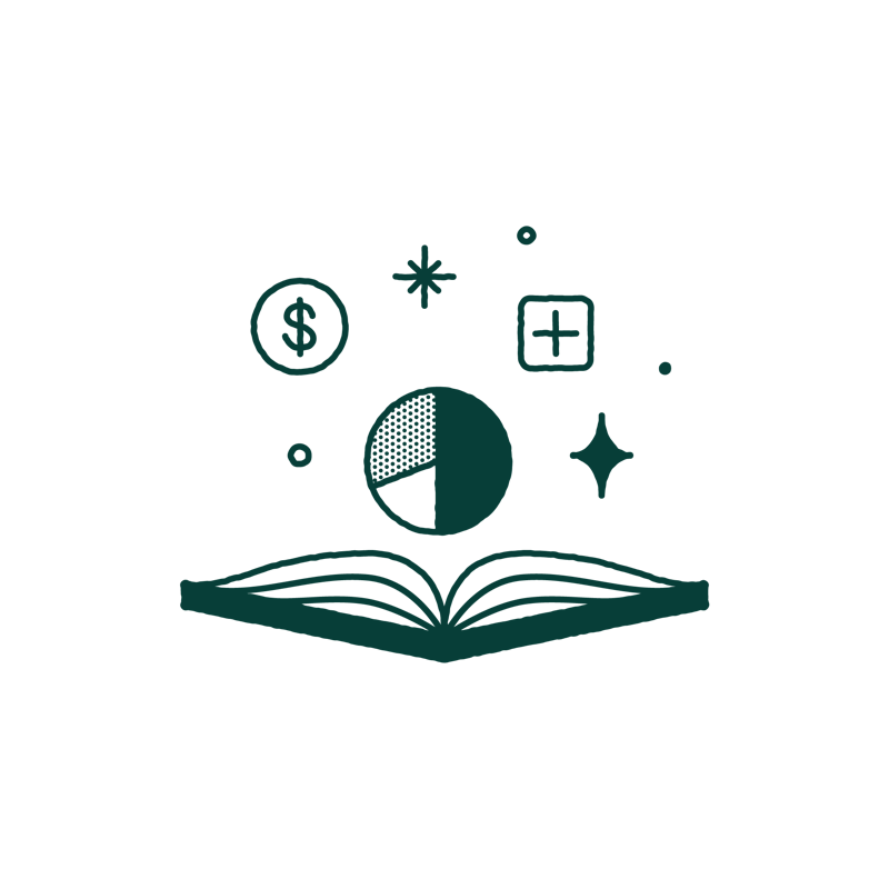 Illustration of an book with icons like stars and circles floating above.