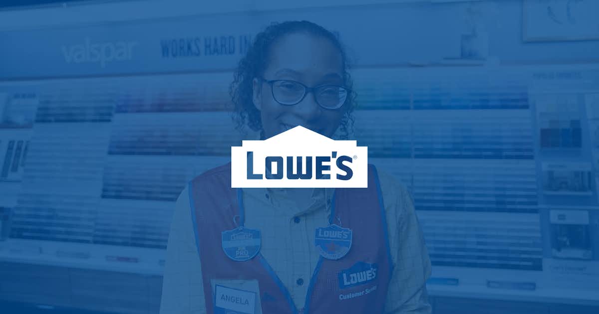 Lowe's brand on a blue semi-transparent background. Behind the blue colour is a photo of a person.