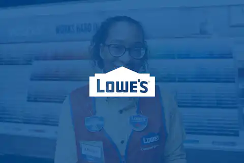 Lowe's brand on a blue semi-transparent background. Behind the blue colour is a photo of a person.