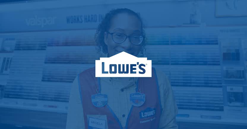 Lowe's brand on a blue semi-transparent background. Behind the blue colour is a photo of a person.