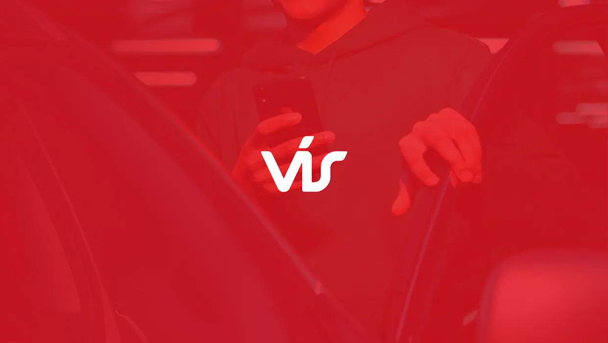 Logo VÍS su sfondo rosso.