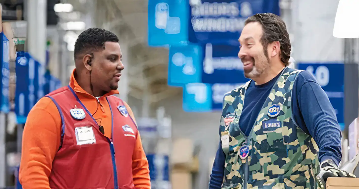 Two employees at Lowe's chatting together.