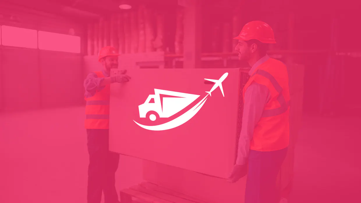 Logo brand logistico generico su sfondo rosa semitrasparente.