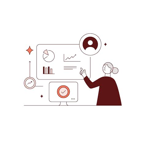 Minimalist illustration: Person points at monitor with pie, line, bar charts. Second monitor shows a checkmark icon.