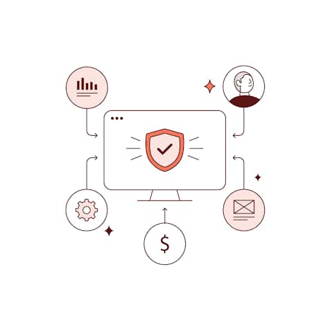 graphic with shield inside a computer and other elements related to compensation around it
