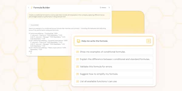 Product screens showing a software User Interface. Yellow background.