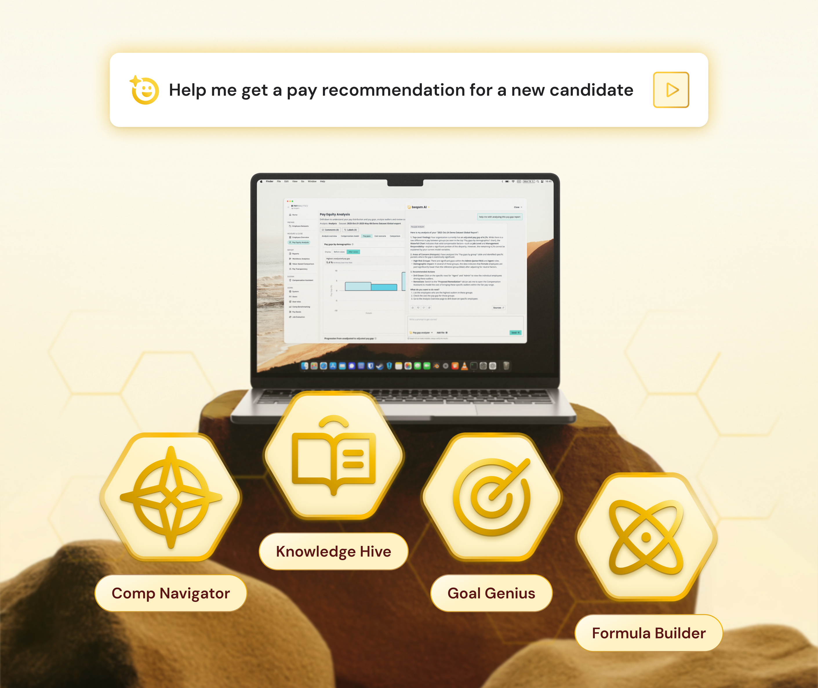 A computer showing a software User Interface. Product Features floating. Yellow background.