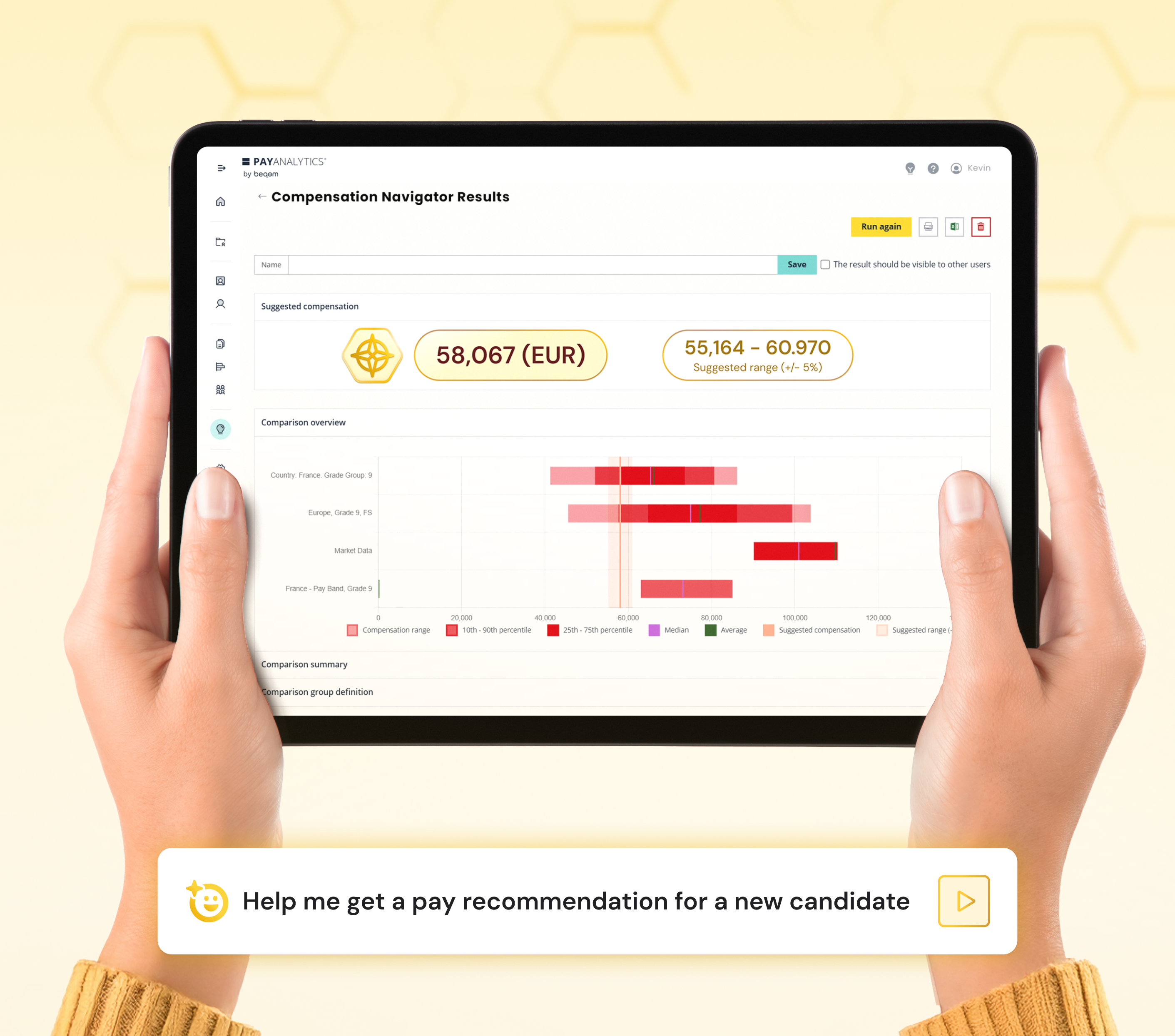 A tablet showing a software User Interface. Yellow background.