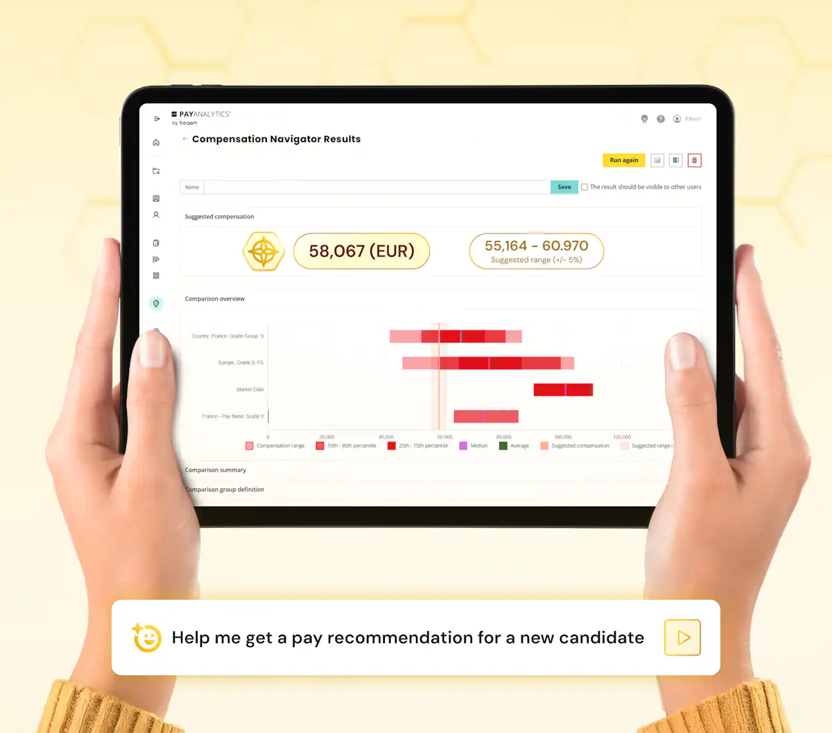 A tablet showing a software User Interface. Yellow background.