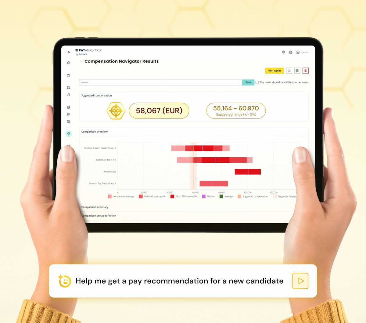 A tablet showing a software User Interface. Yellow background.