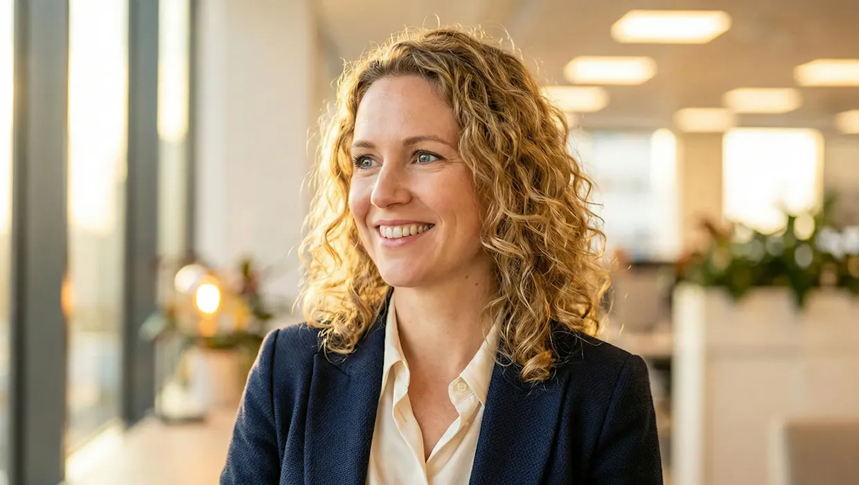 Woman in a work setting smiling.