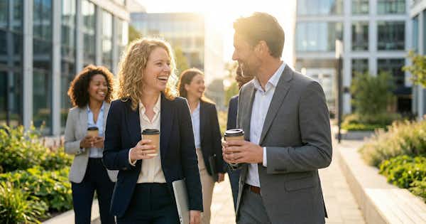 A group of people walking holding coffee cups.