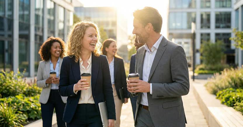 A group of people walking holding coffee cups.