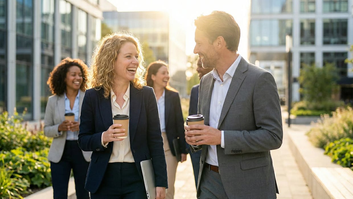 A group of people walking holding coffee cups.