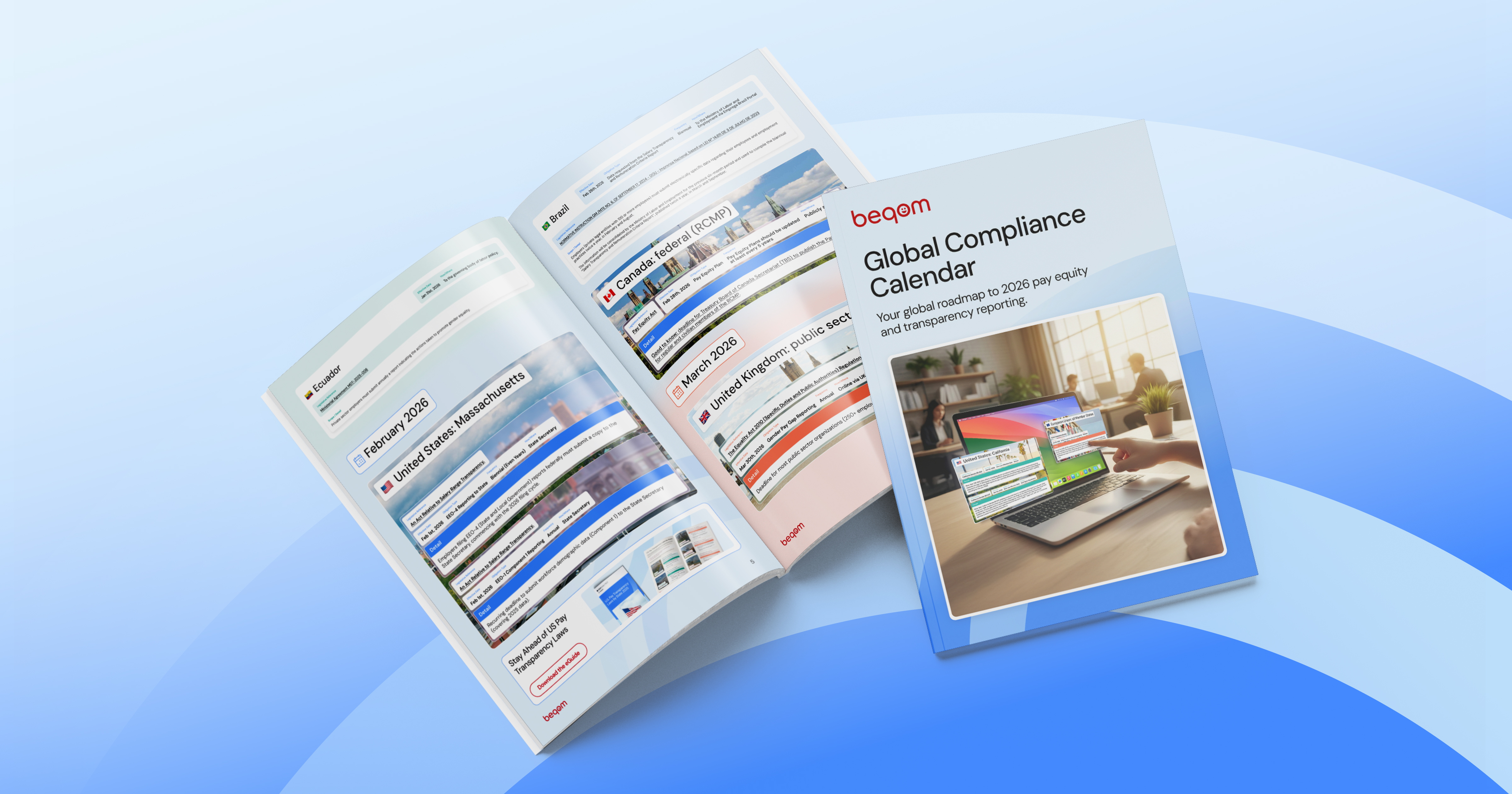 Image of beqom's Compliance Calendar 2026 eGuide, showing the cover and an open page.