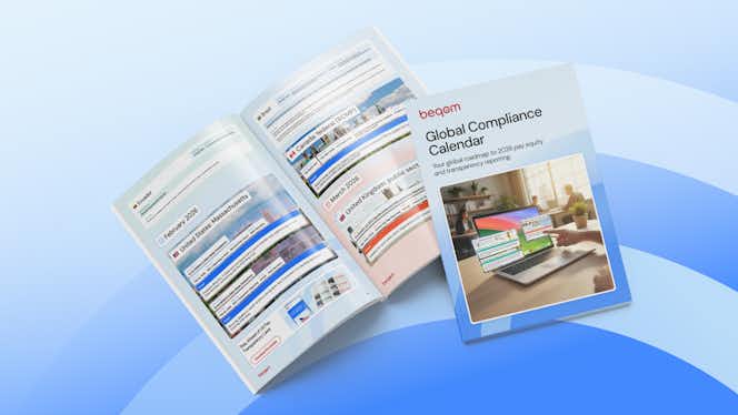 Image of beqom's Compliance Calendar 2026 eGuide, showing the cover and an open page.