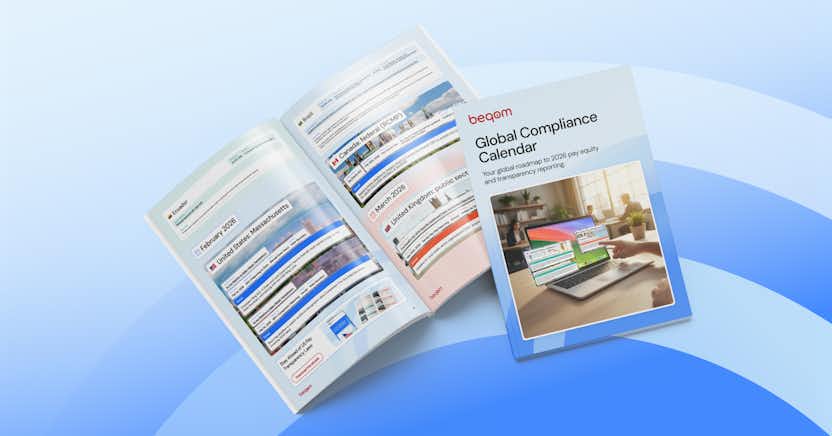 Image of beqom's Compliance Calendar 2026 eGuide, showing the cover and an open page.