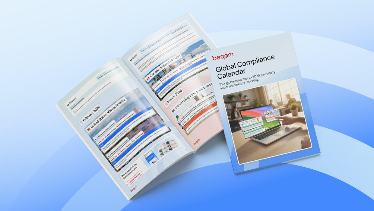 Image of beqom's Compliance Calendar 2026 eGuide, showing the cover and an open page.