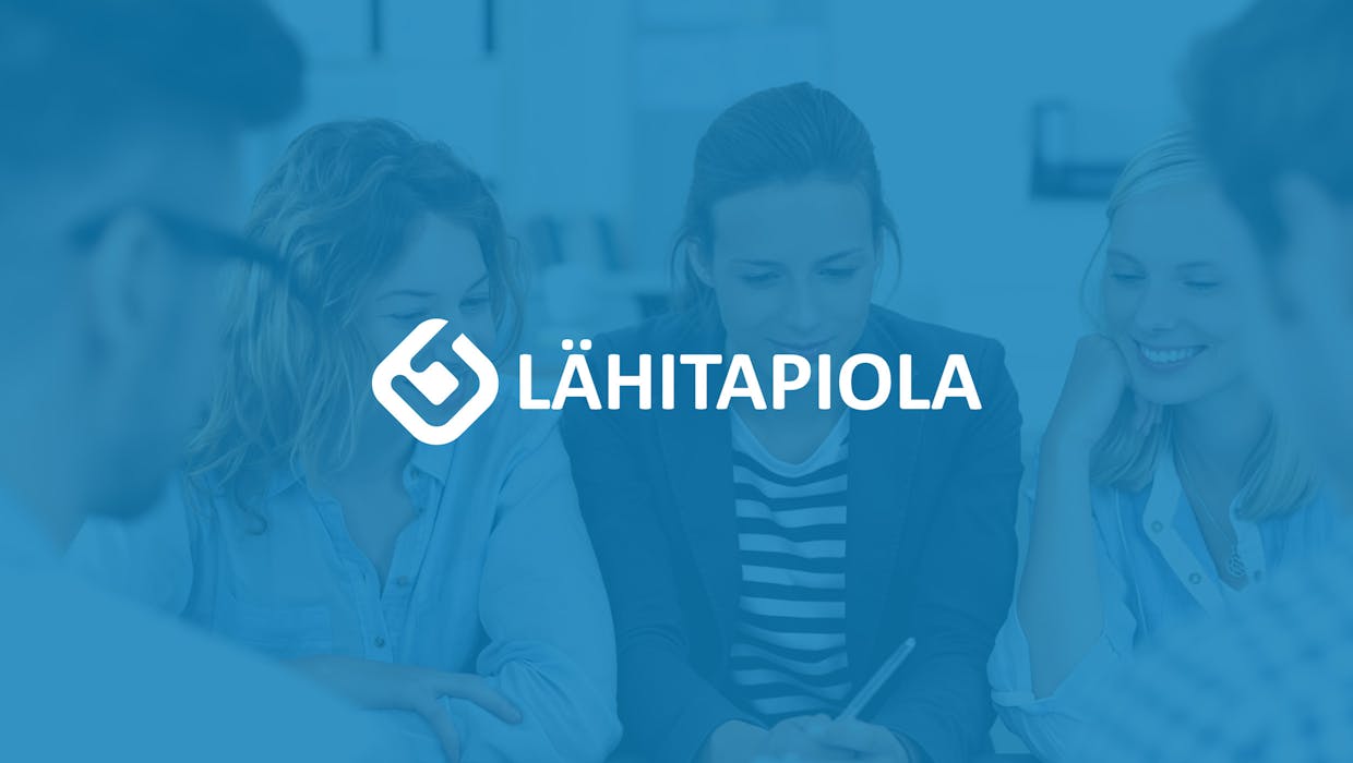 A group of four people engaged in discussion, with the Lähitapiola logo prominently displayed in the center.