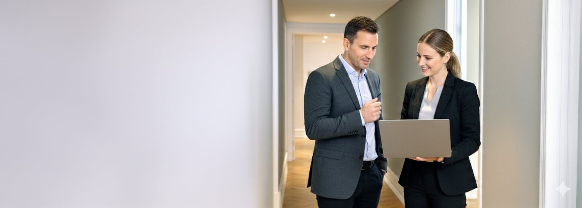A man and a woman looking at a laptop screen in an office environment.