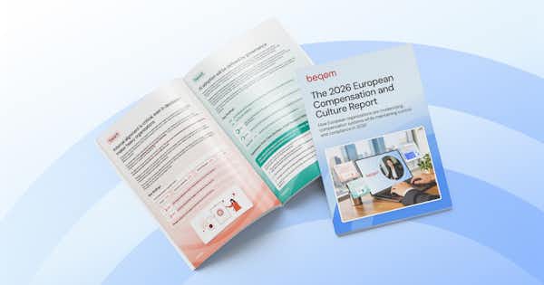 Graphic with the booklet image of beqom's 2026 European Compensation and Culture Report.