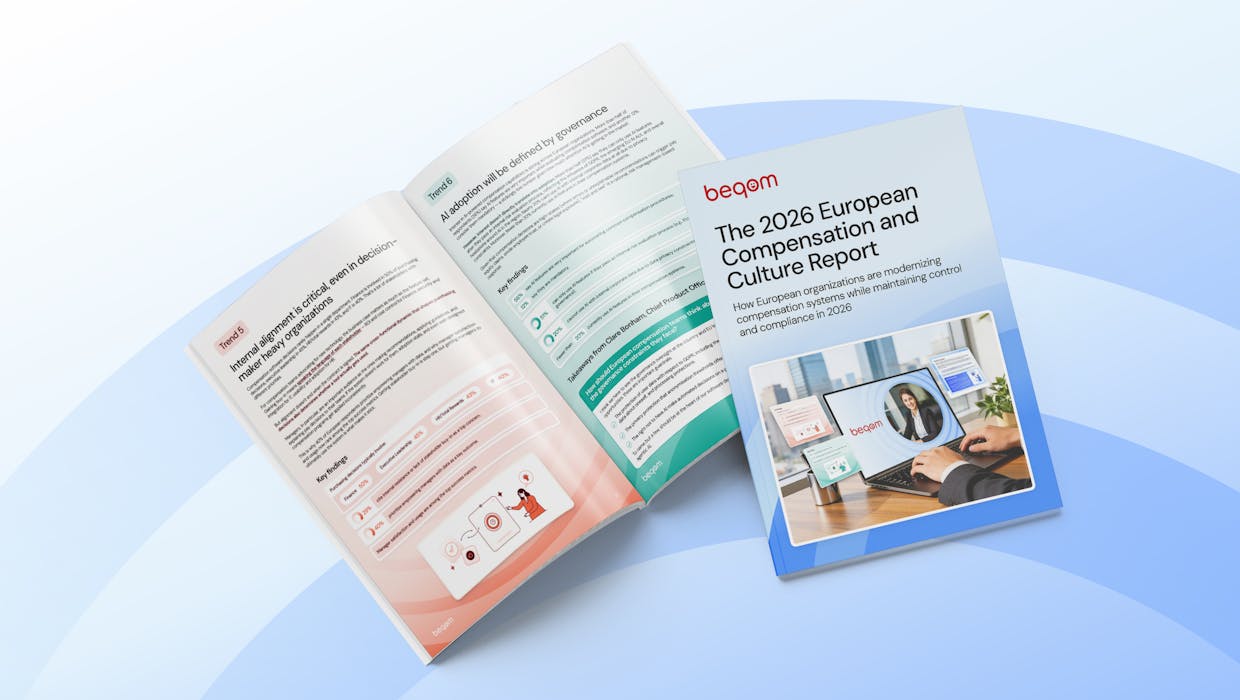 Graphic with the booklet image of beqom's 2026 European Compensation and Culture Report.