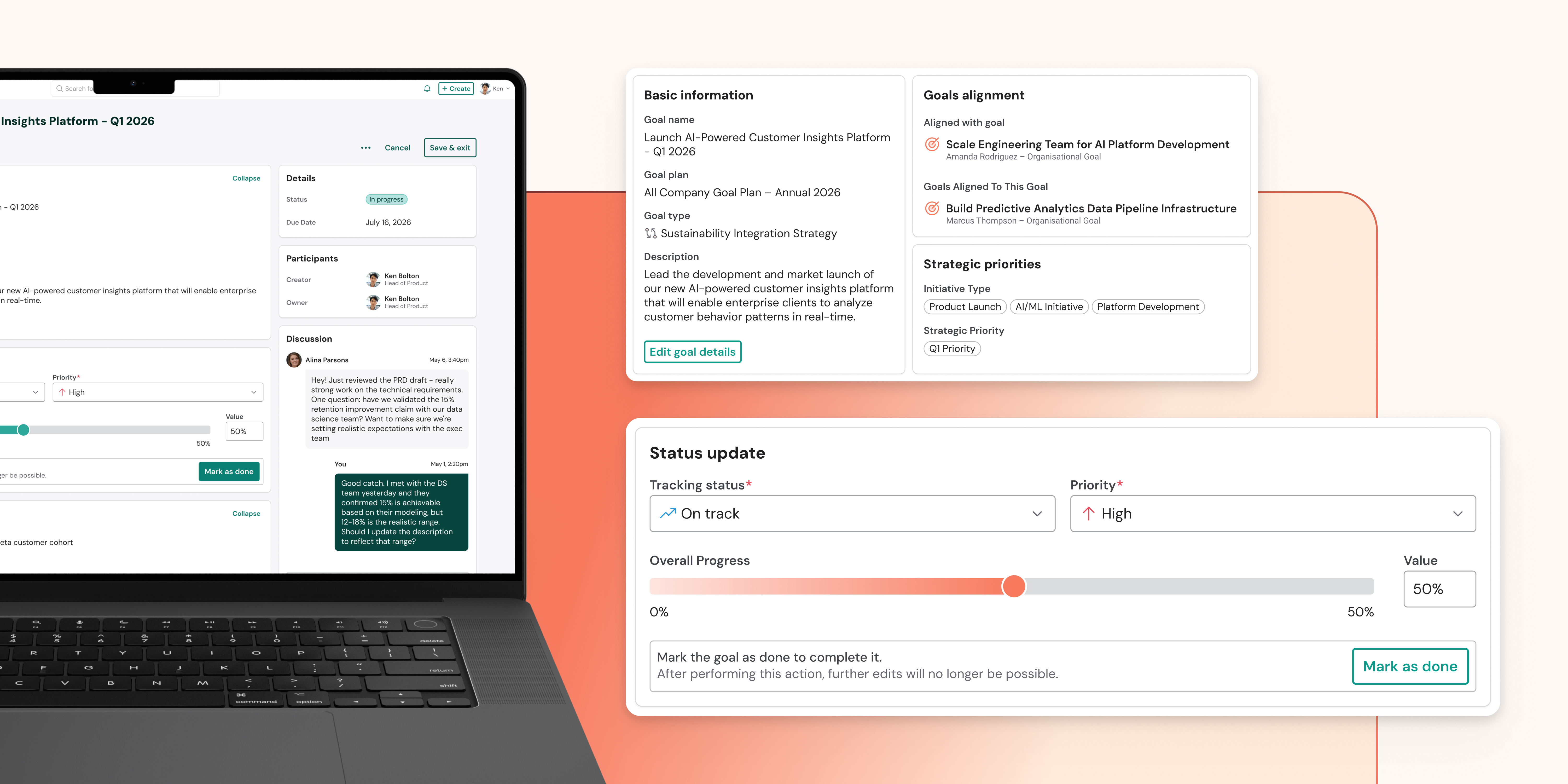 Laptop showing performance management UI. Red background 