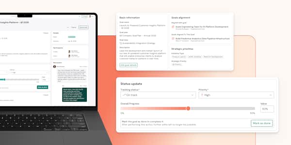 Laptop showing performance management UI. Red background