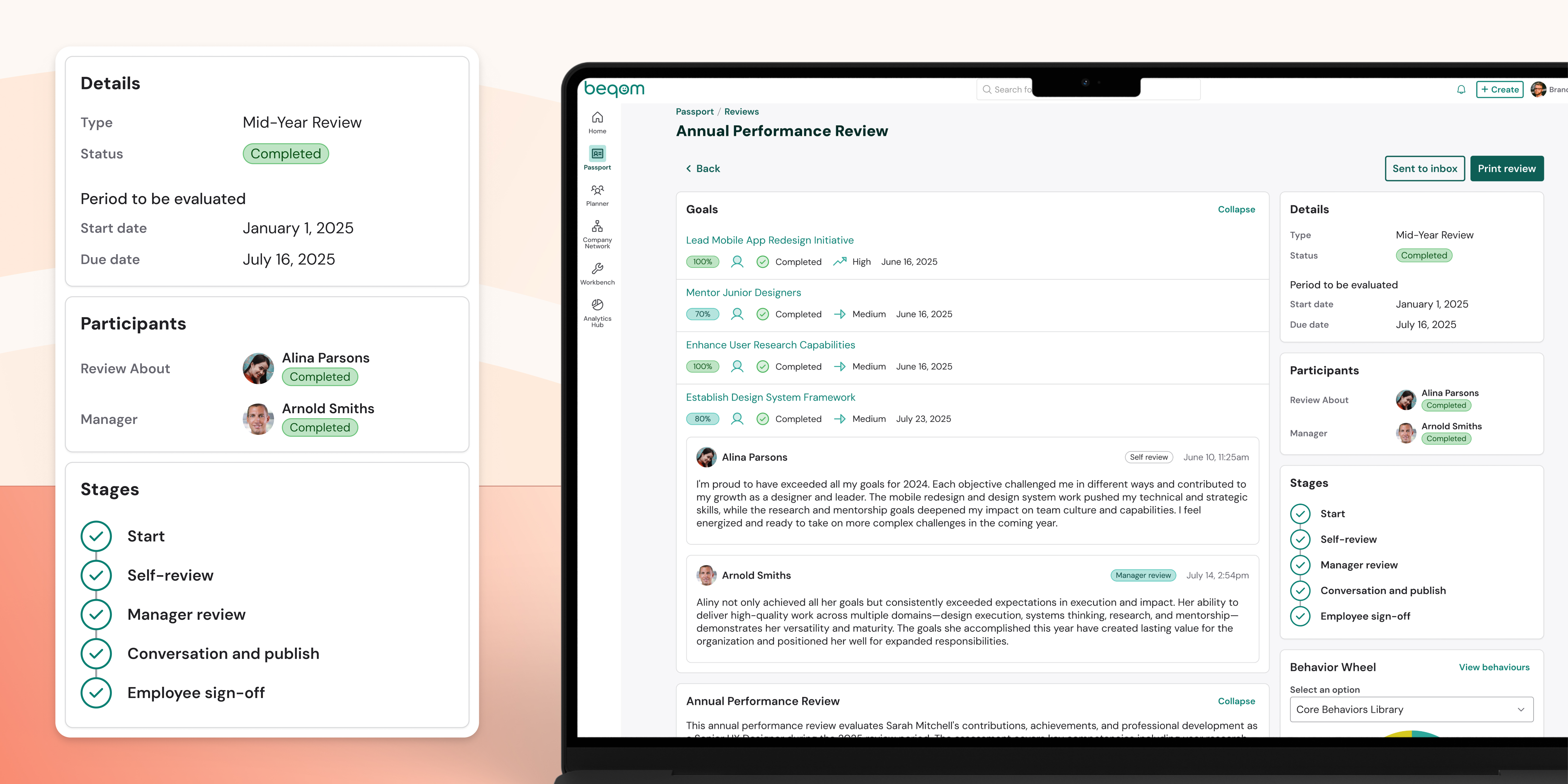 Laptop showing annual performance review screen. Red background.