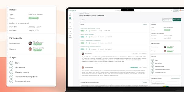 Laptop showing annual performance review screen. Red background.
