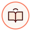 icon showing an open book. orange frame