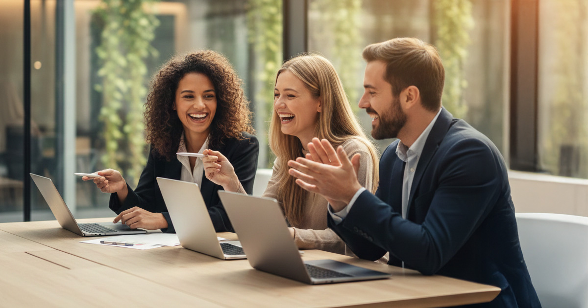 Three people in a business setting with computers in front of them, smiling.
