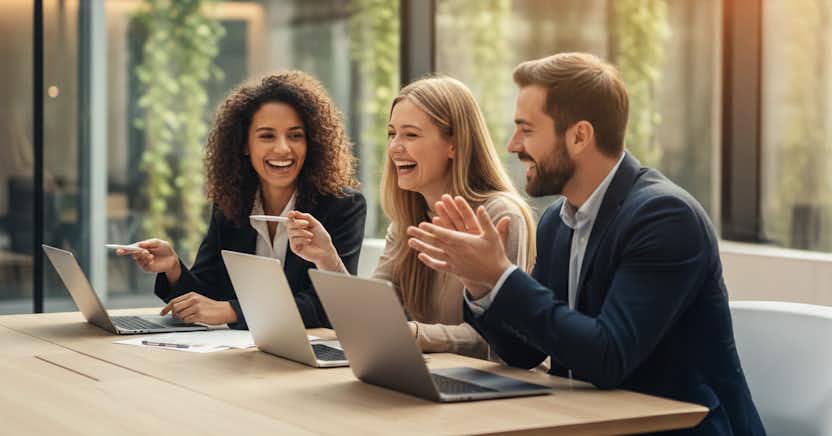 Three people in a business setting with computers in front of them, smiling.