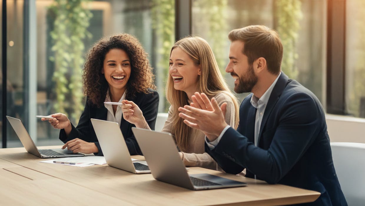 Three people in a business setting with computers in front of them, smiling.