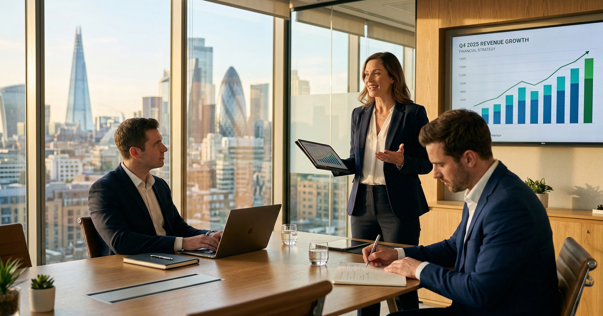 A conference room with a woman presenting and two men sitting at a table taking notes.