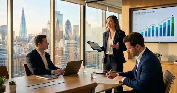 A conference room with a woman presenting and two men sitting at a table taking notes.