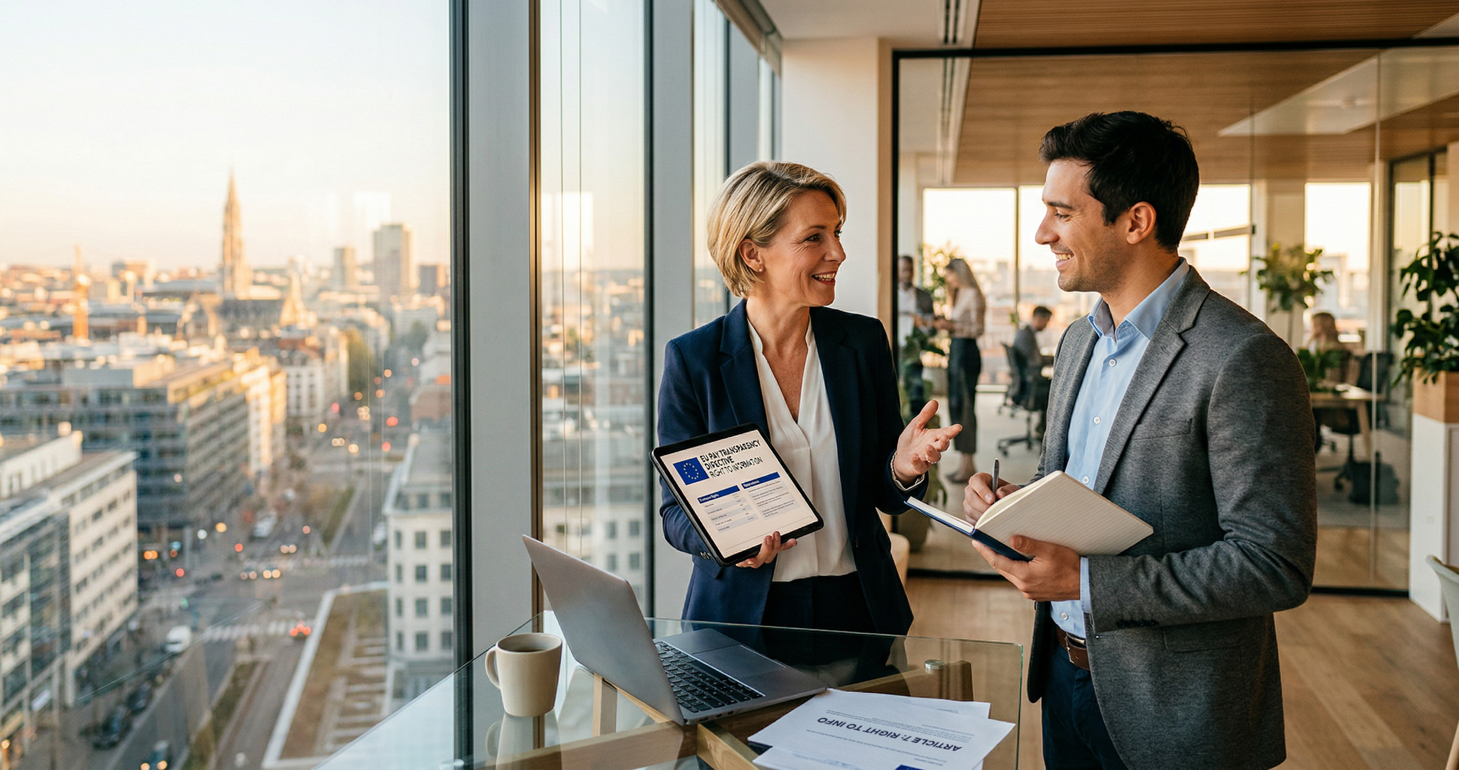 A woman and a man in an office setting.